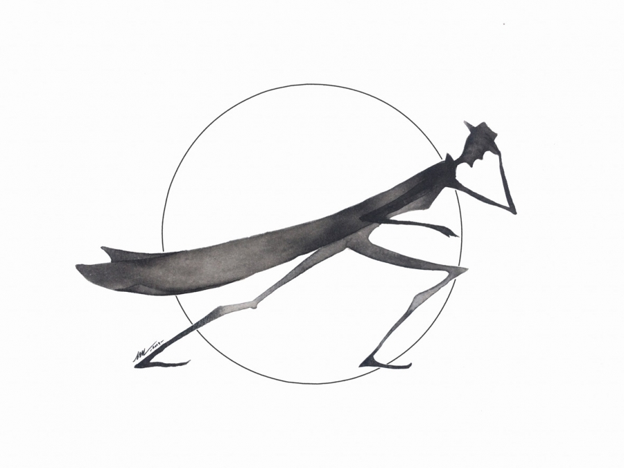 Illustration of a man in a long coat and a hat, walking against the wing. Indian ink painting by Maryline Lièvre