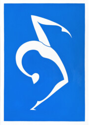 Acrylique sur toile, 50x70 cm, 2022 Peinture d'une silhouette de danseuse stylisée peinte en blanc sur fond bleu clair