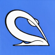 Acrylique sur toile, 20x20x2cm, 2022 Peinture minimaliste d'une personne faisant le dos rond, silhouette blanche avec un contour noir sur fond bleu pervenche