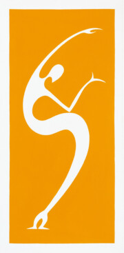 Acrylique sur toile, 25x50x3,5 cm, 2022 Peinture d'une silhouette humaine blanche s'étirant sur un fond jaune-orangé