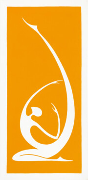 Acrylique sur toile, 25x50x3,5 cm, 2022 Silhouette d'une personne dans une pose de yoga peinte en blanc sur un fond jaune-orangé.